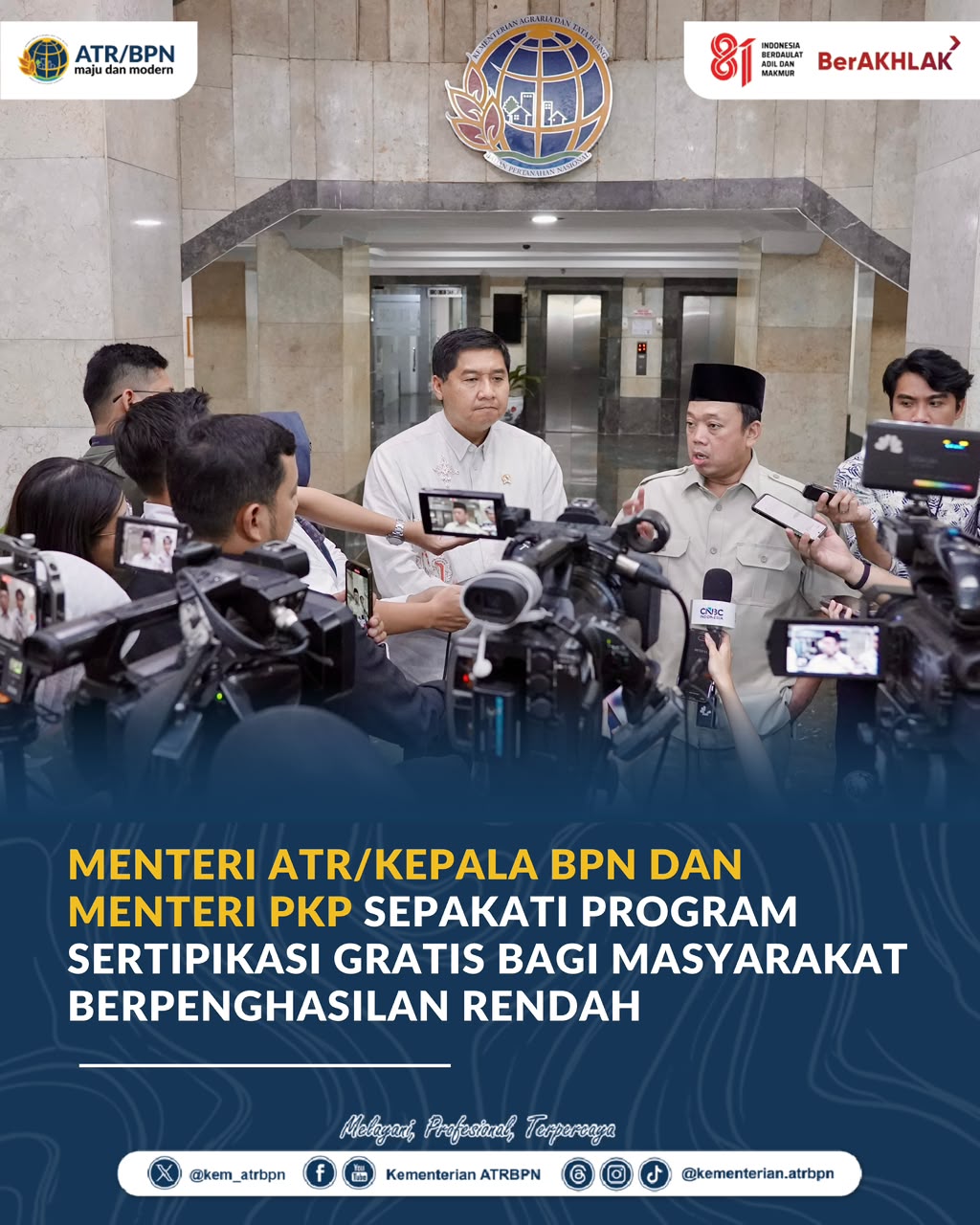 Menteri ATR/Kepala BPN dan Menteri PKP Sepakati Program Sertipikasi Gratis bagi Masyarakat Berpenghasilan Rendah