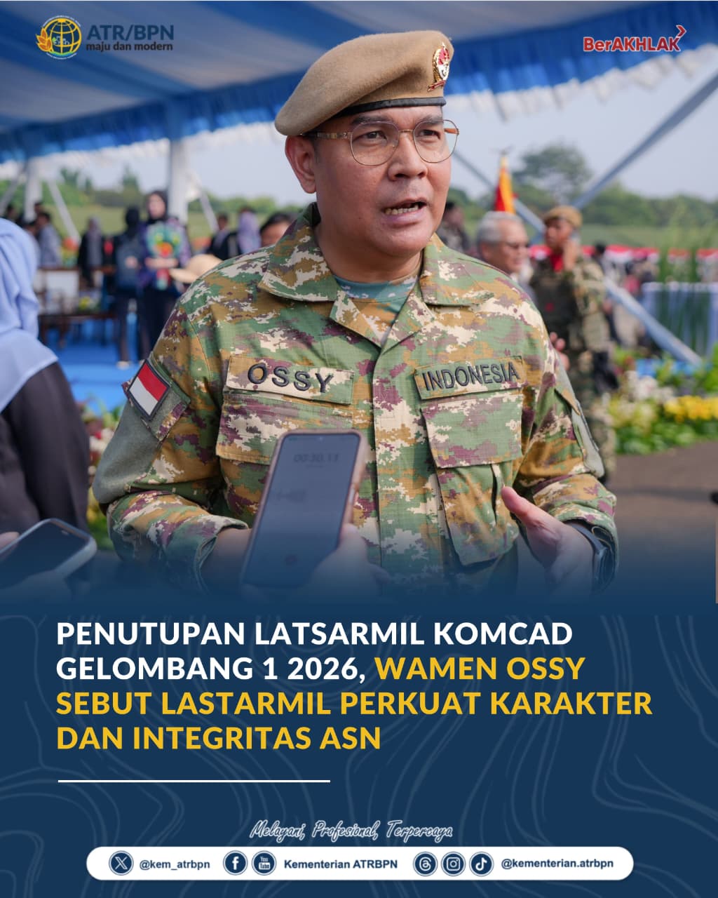 Penutupan Latsarmil Komcad Gelombang I 2026, Wamen Ossy Sebut Latsarmil Perkuat Karakter dan Integritas ASN